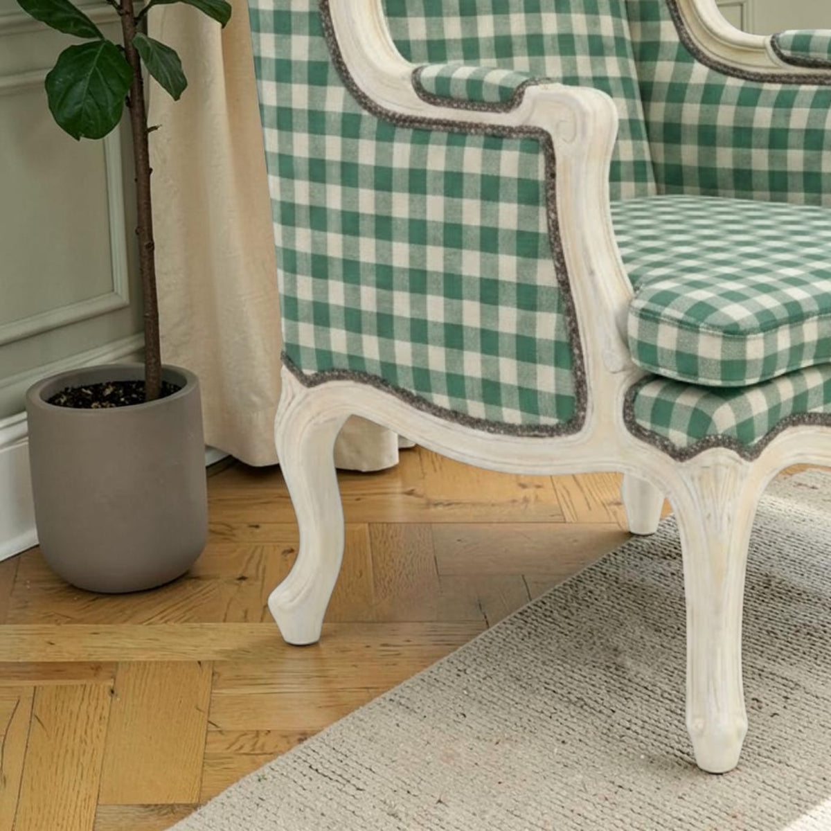 Homecrest Stanmer handcrafted armchair featuring a green and white checkered fabric on a solid wood frame.