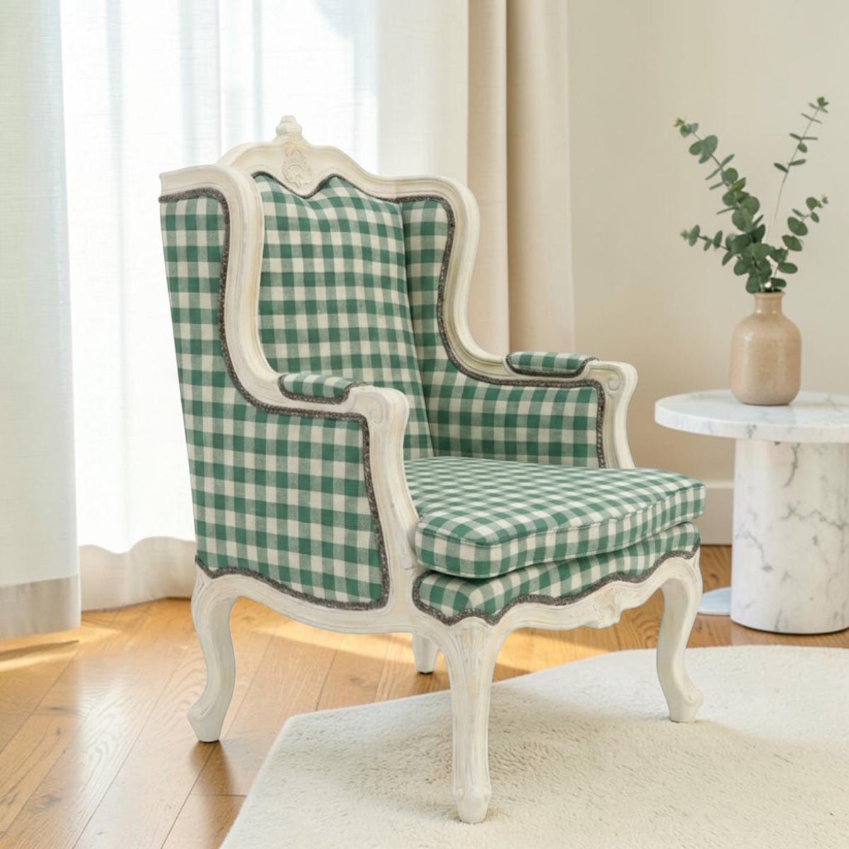 Homecrest Stanmer handcrafted armchair with a green and white gingham fabric and a carved white solid wood frame.