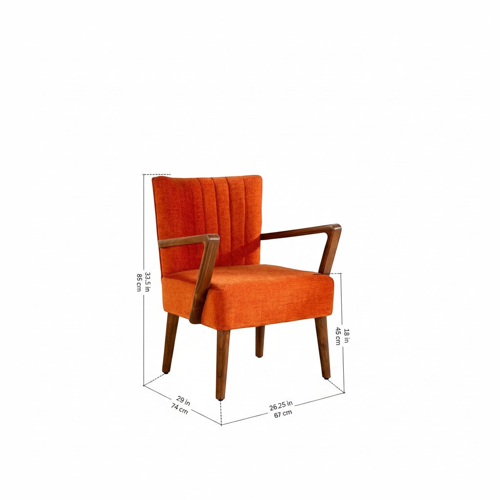 Homecrest Pelham armchair in vibrant orange fabric with a mid-century modern teak wood frame and fluted back detail.