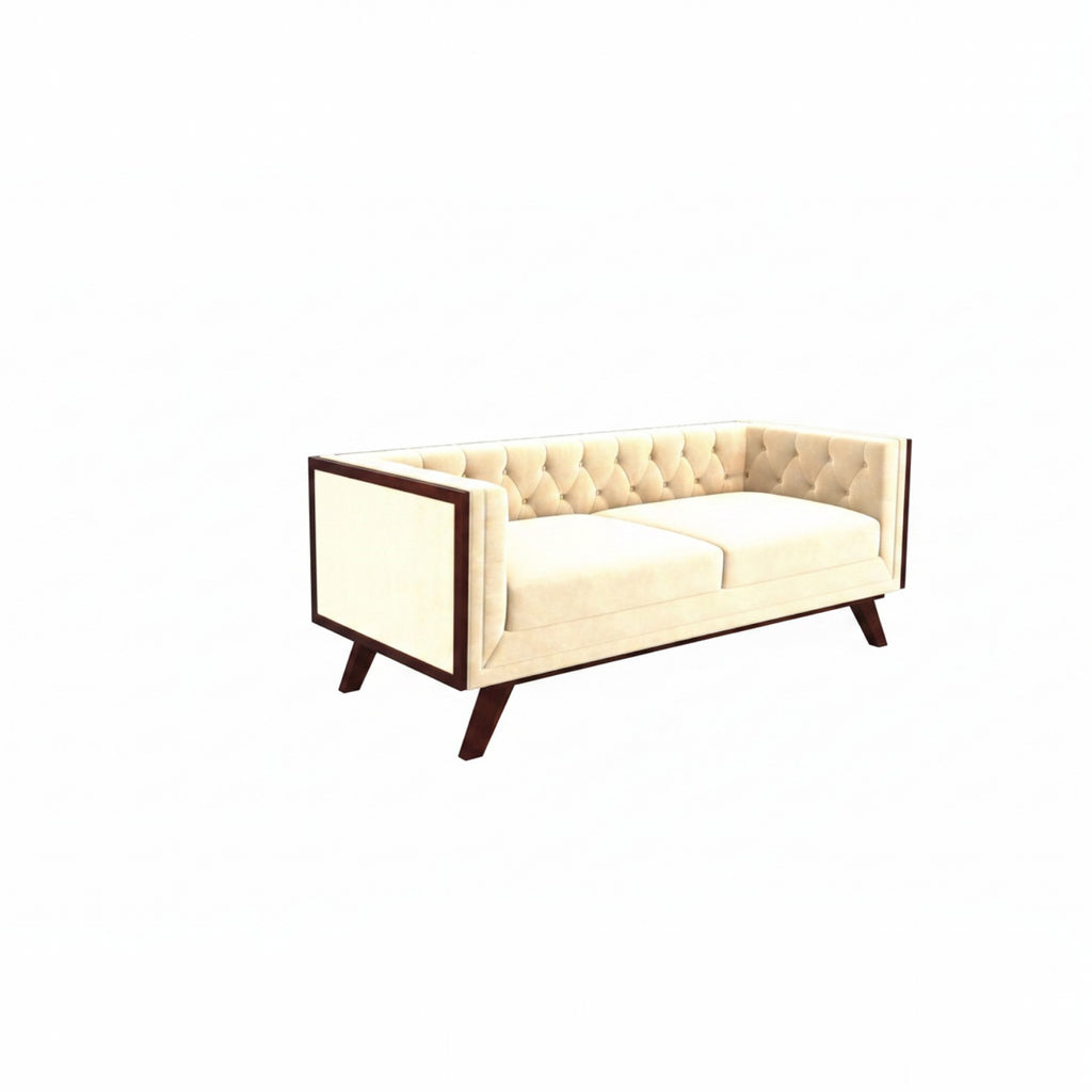 Homecrest Sturton velvet Chesterfield sofa in a light beige hue with tufted backrest and dark wooden frame accents.