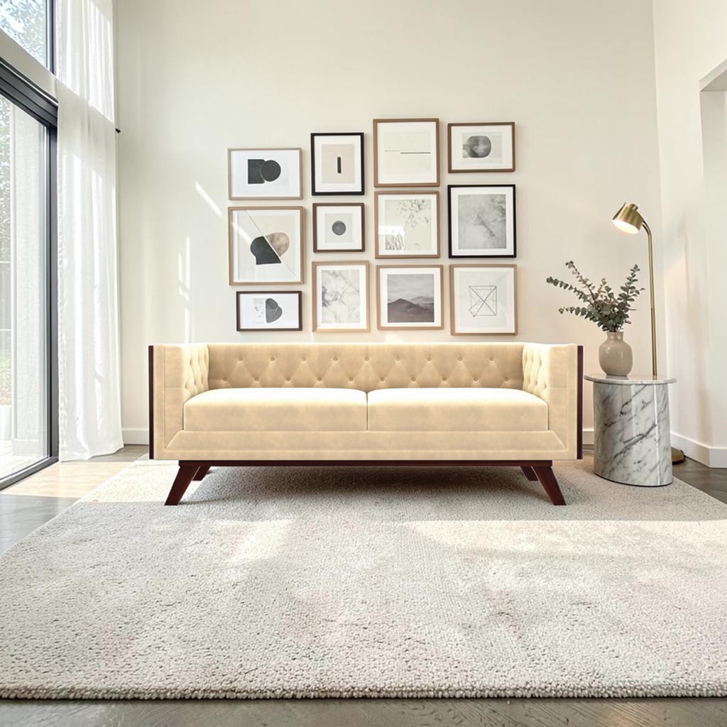 Homecrest Sturton Chesterfield sofa in beige velvet with tufted backrest and dark wooden legs in a bright living room.