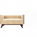Homecrest Sturton Chesterfield sofa in beige velvet with button tufting and dark wooden legs