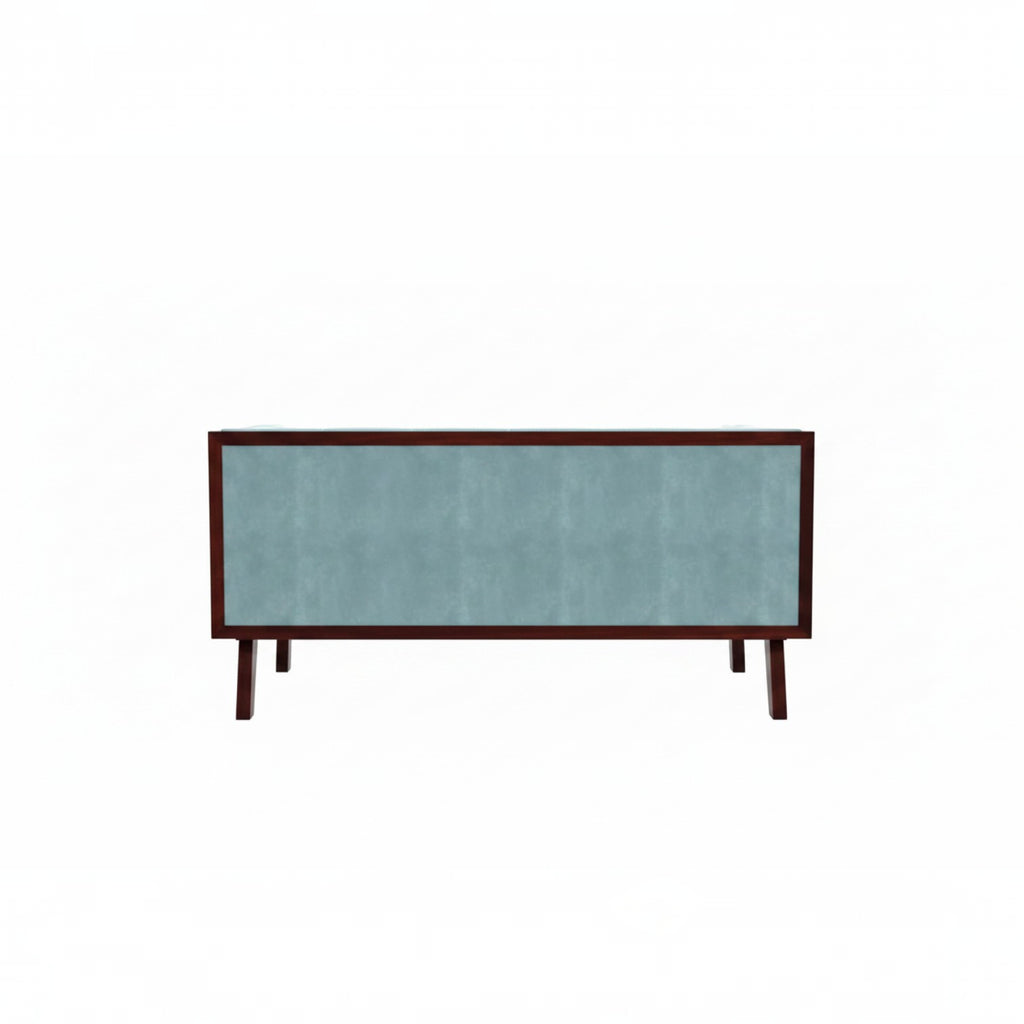 Homecrest Sturton velvet sofa in dusk blue with a rectangular frame and dark wooden legs, back view