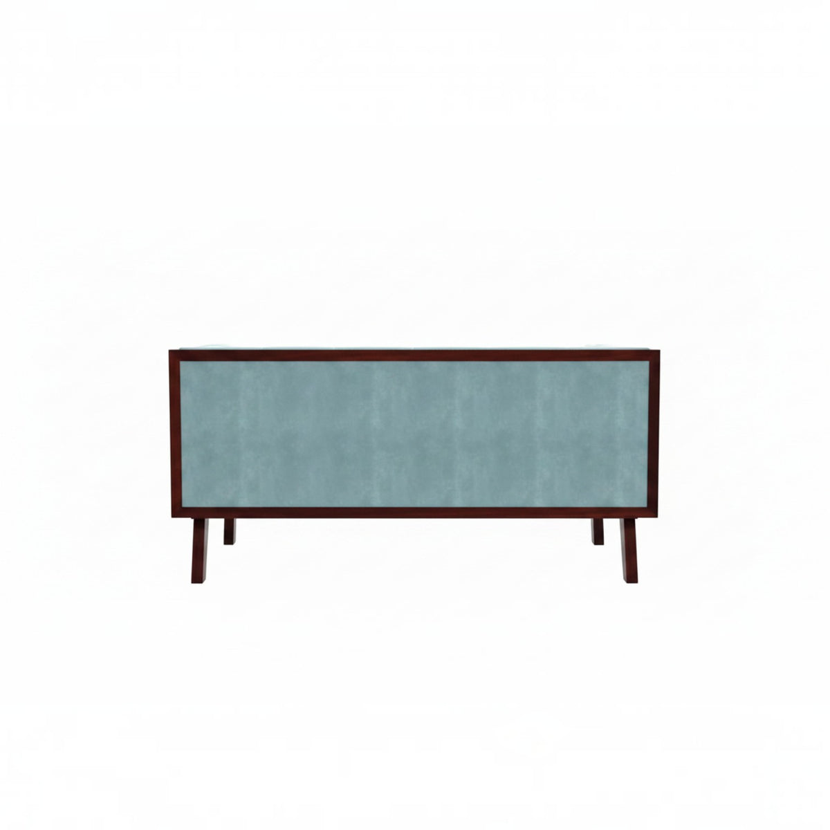 Homecrest Sturton velvet sofa in dusk blue with a rectangular frame and dark wooden legs, back view