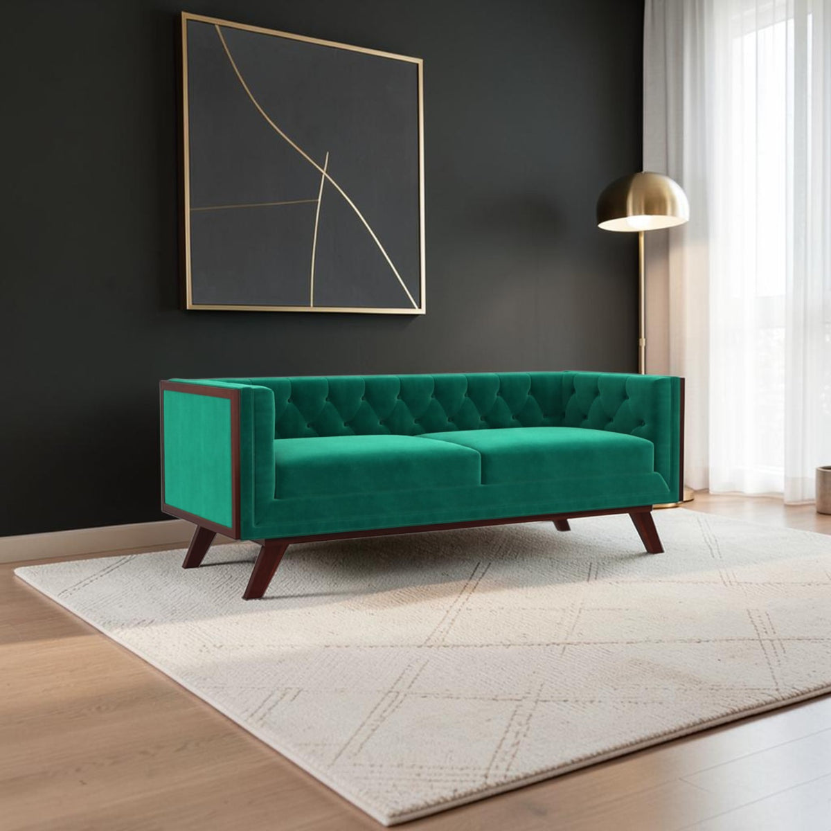 Homecrest Sturton emerald green velvet Chesterfield sofa with tufted back and dark wood frame in a modern living room