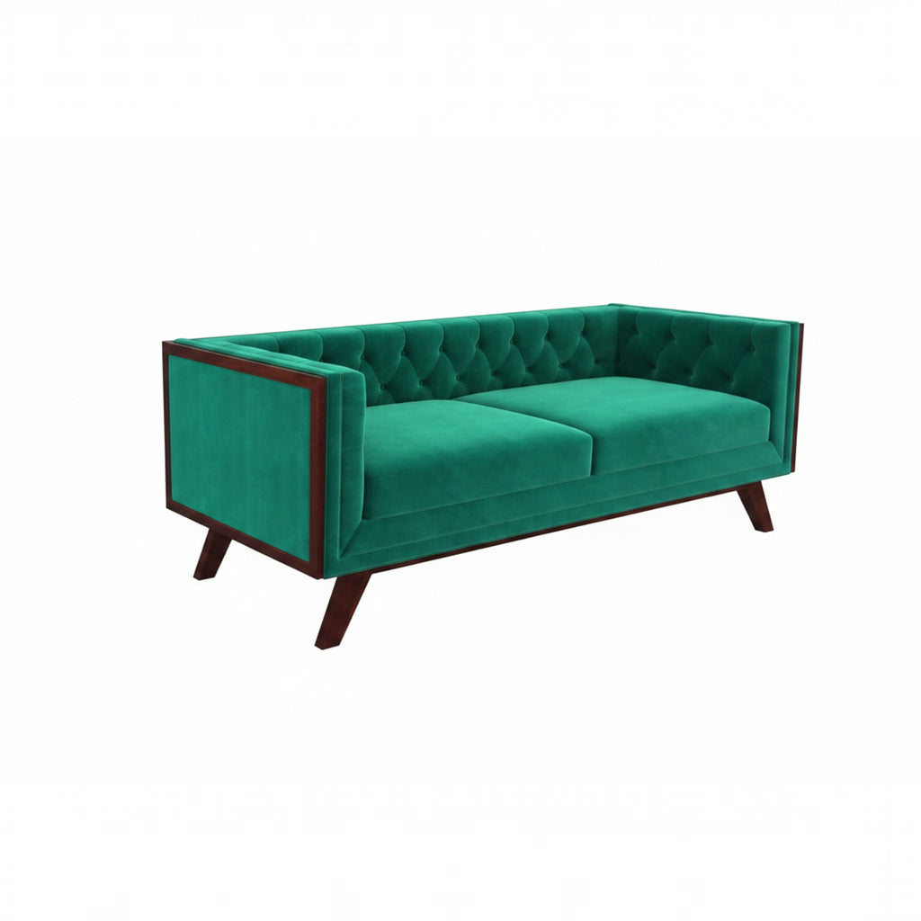 Homecrest Sturton emerald green velvet Chesterfield sofa with tufted back and dark wooden frame on a white background.