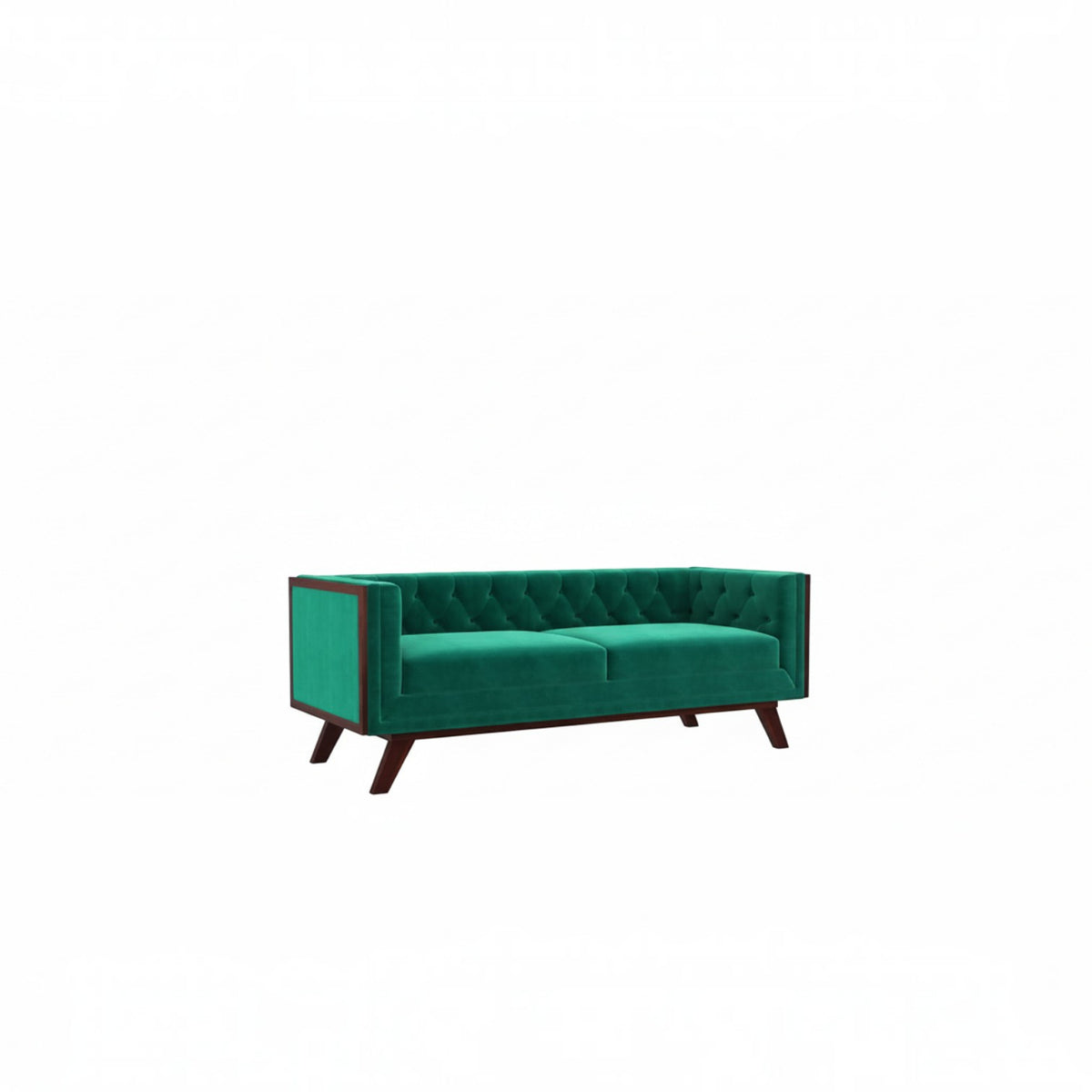 Homecrest Sturton emerald green velvet Chesterfield sofa with tufted backrest and dark wooden legs