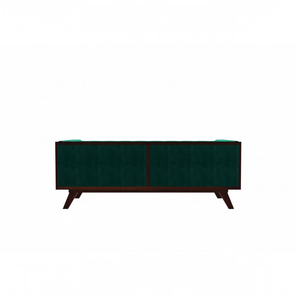 Homecrest Sturton emerald green velvet Chesterfield sofa viewed from the back with dark wooden legs