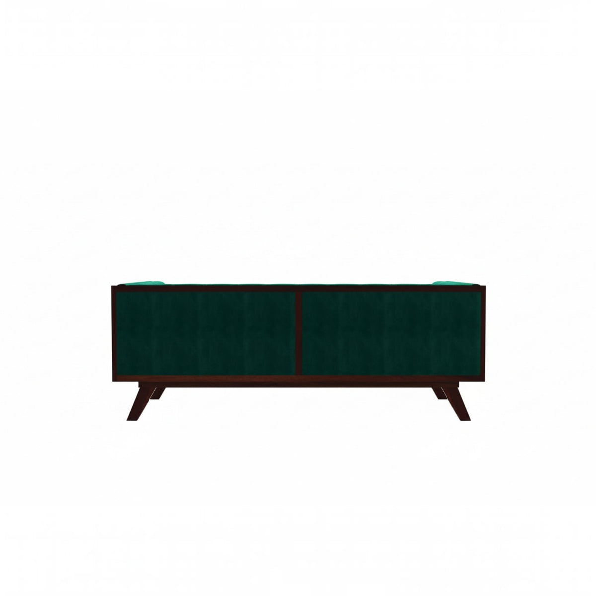Homecrest Sturton emerald green velvet Chesterfield sofa viewed from the back with dark wooden legs