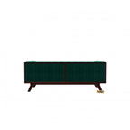 Homecrest Sturton Chesterfield sofa in emerald green velvet with a rectangular frame and dark wooden legs, back view.