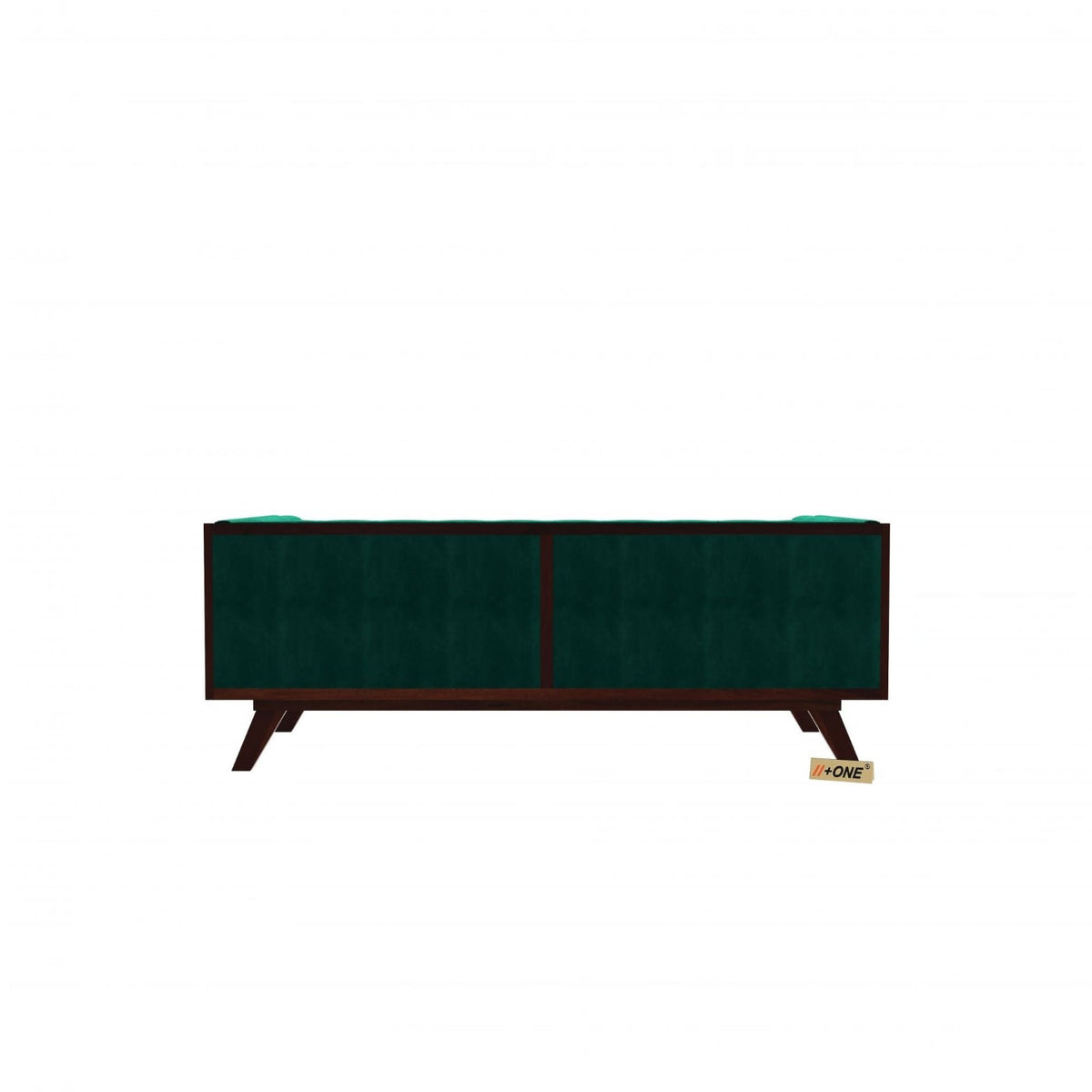 Homecrest Sturton Chesterfield sofa in emerald green velvet with a rectangular frame and dark wooden legs, back view.
