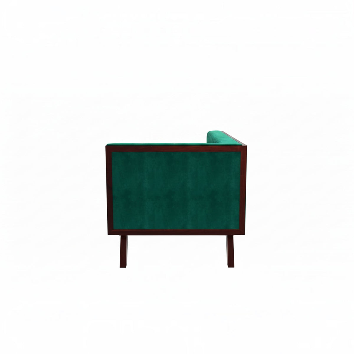 Homecrest Sturton Chesterfield sofa in emerald green velvet with a dark wood frame, side view showing armrest detail.