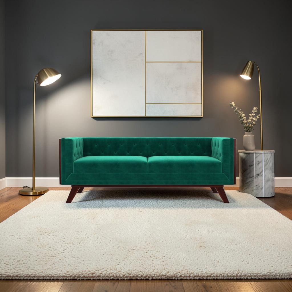 Homecrest Sturton emerald green velvet Chesterfield sofa with tufted detailing on a white rug in a modern living room.