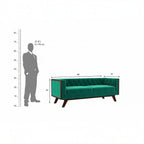 Homecrest Sturton emerald green velvet Chesterfield sofa with tufted back and dark wooden legs, dimension diagram view.