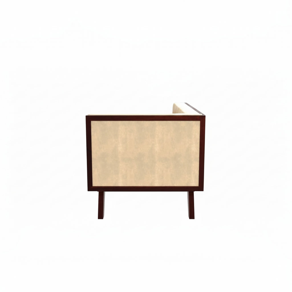 Homecrest Sturton velvet sofa in husk beige, side view showing rectangular frame and wooden legs