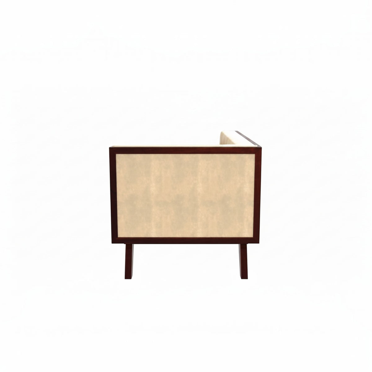 Homecrest Sturton velvet sofa in husk beige, side view showing rectangular frame and wooden legs