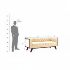 Homecrest Sturton velvet Chesterfield sofa in husk beige with tufted backrest and dark wooden legs, dimension diagram.