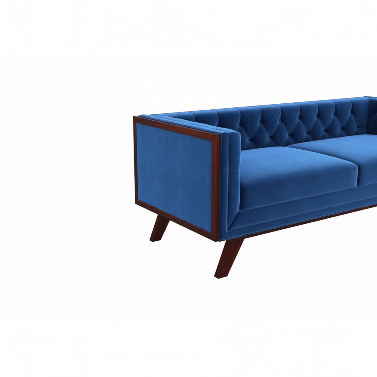 Homecrest Sturton Chesterfield sofa in indigo blue velvet with tufted backrest and dark wood frame on white background