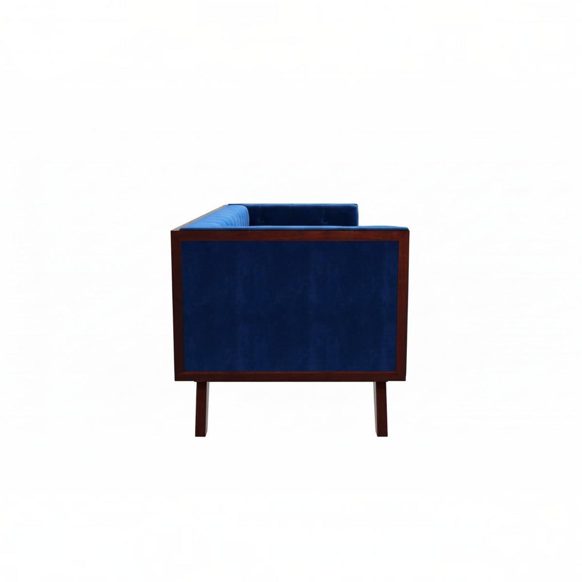 Homecrest Sturton Chesterfield sofa in deep indigo blue velvet with a dark wood frame, side view