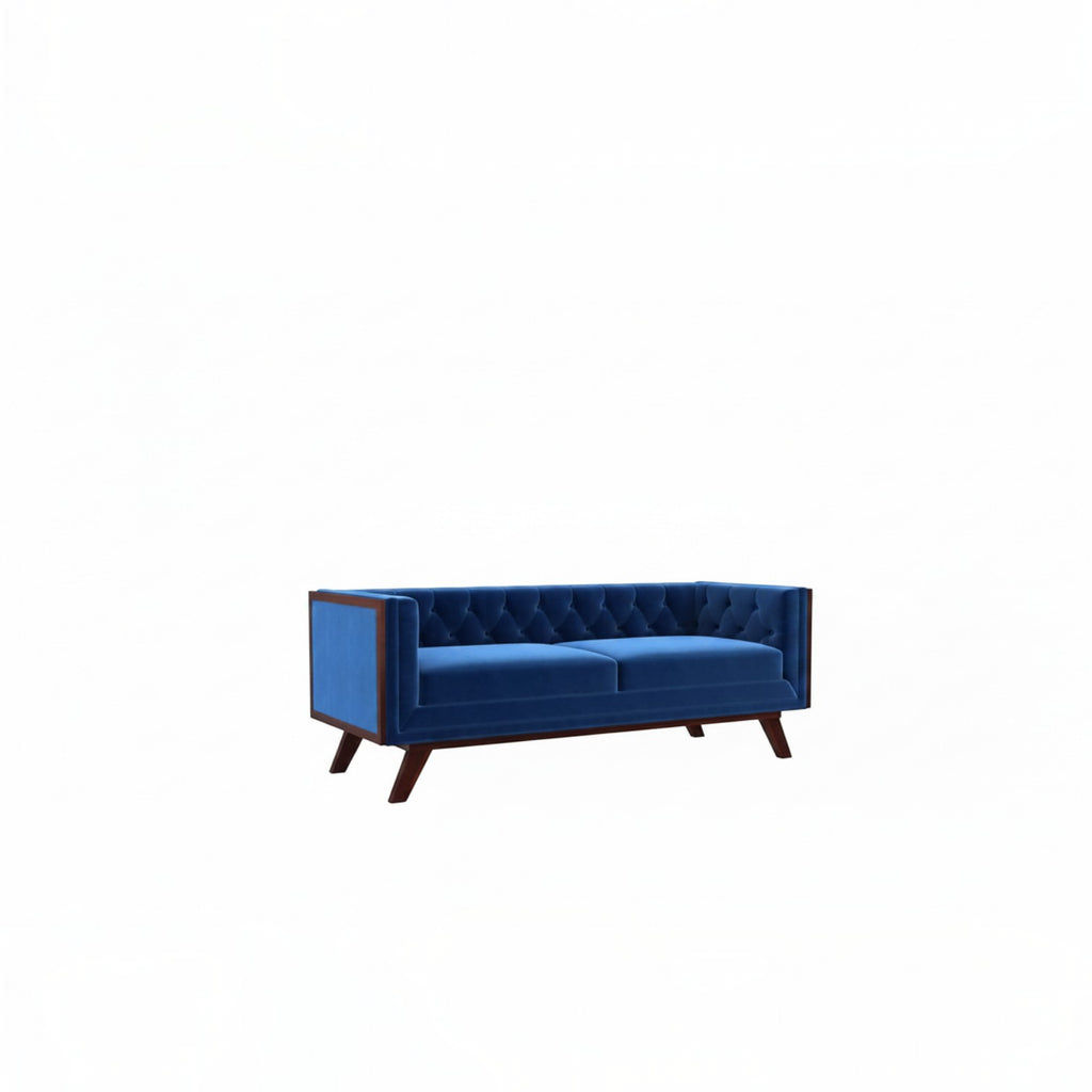 Homecrest Sturton velvet Chesterfield sofa in deep indigo blue with a rectangular frame and tufted backrest