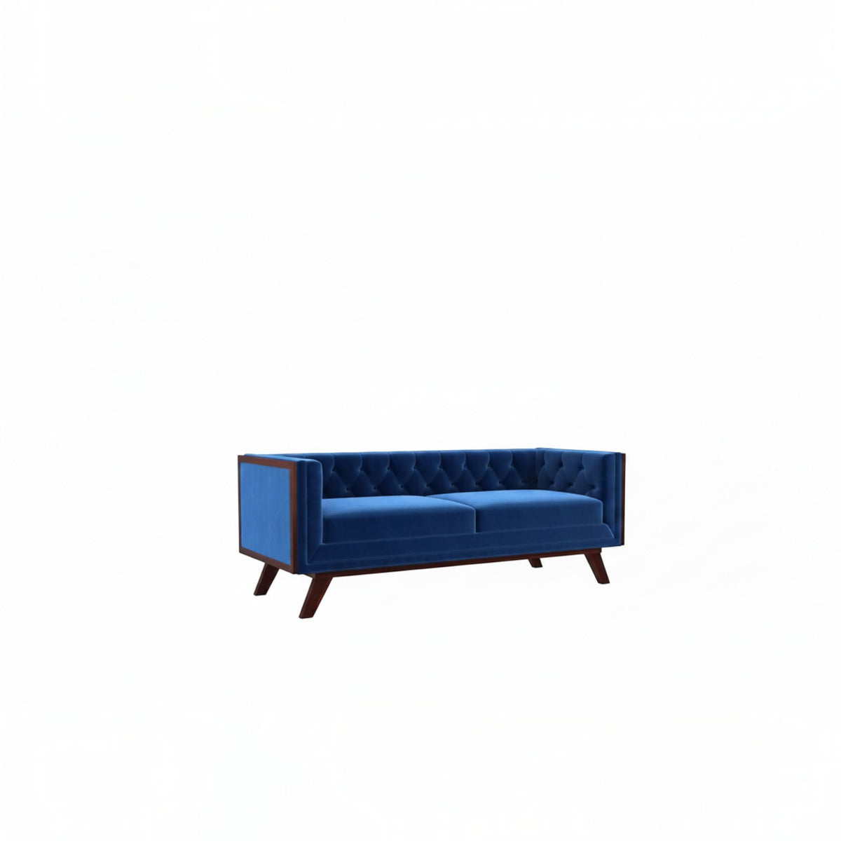 Homecrest Sturton velvet Chesterfield sofa in deep indigo blue with a rectangular frame and tufted backrest