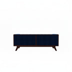 Homecrest Sturton velvet Chesterfield sofa in dark indigo blue with a rectangular frame and dark wooden legs