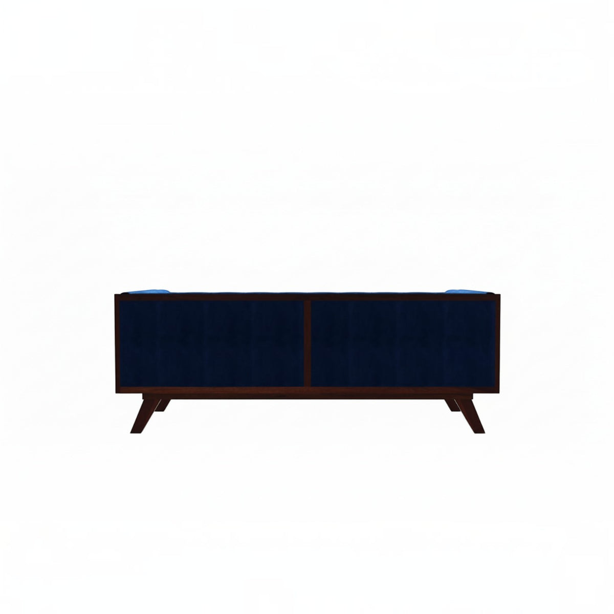 Homecrest Sturton velvet Chesterfield sofa in dark indigo blue with a rectangular frame and dark wooden legs
