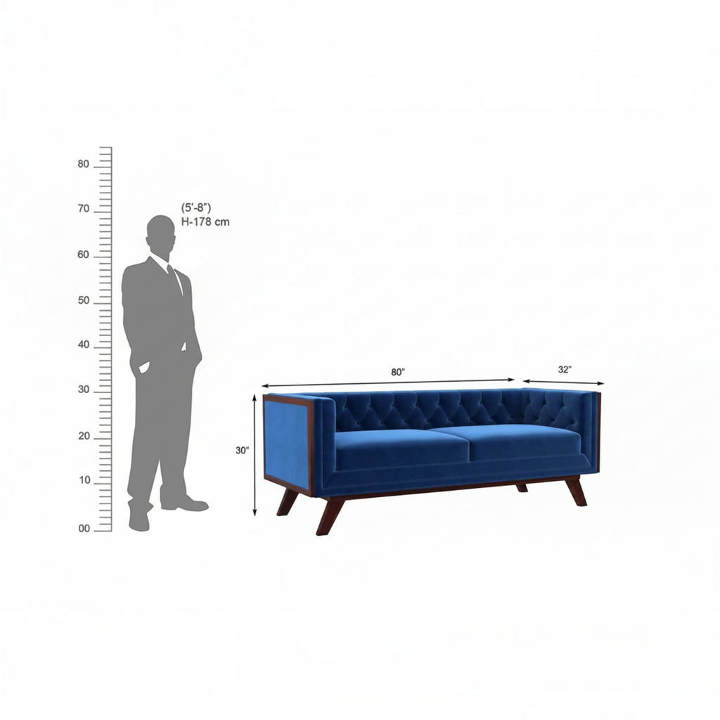 Homecrest Sturton velvet Chesterfield sofa in indigo blue with button tufting and dark wood legs, dimension diagram.