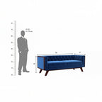 Homecrest Sturton velvet Chesterfield sofa in indigo blue with button tufting and dark wood legs, dimension diagram.