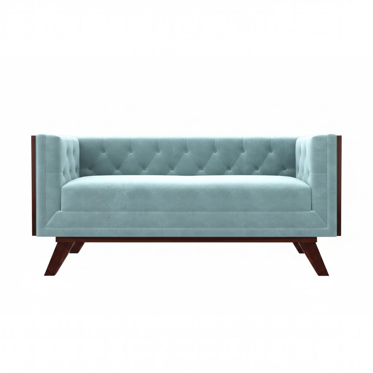 Homecrest Sturton Chesterfield sofa in light blue velvet with button tufting and dark wooden legs
