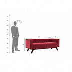 Homecrest Sturton Chesterfield sofa in pomegranate velvet with tufted back and dark wooden legs, dimension diagram.