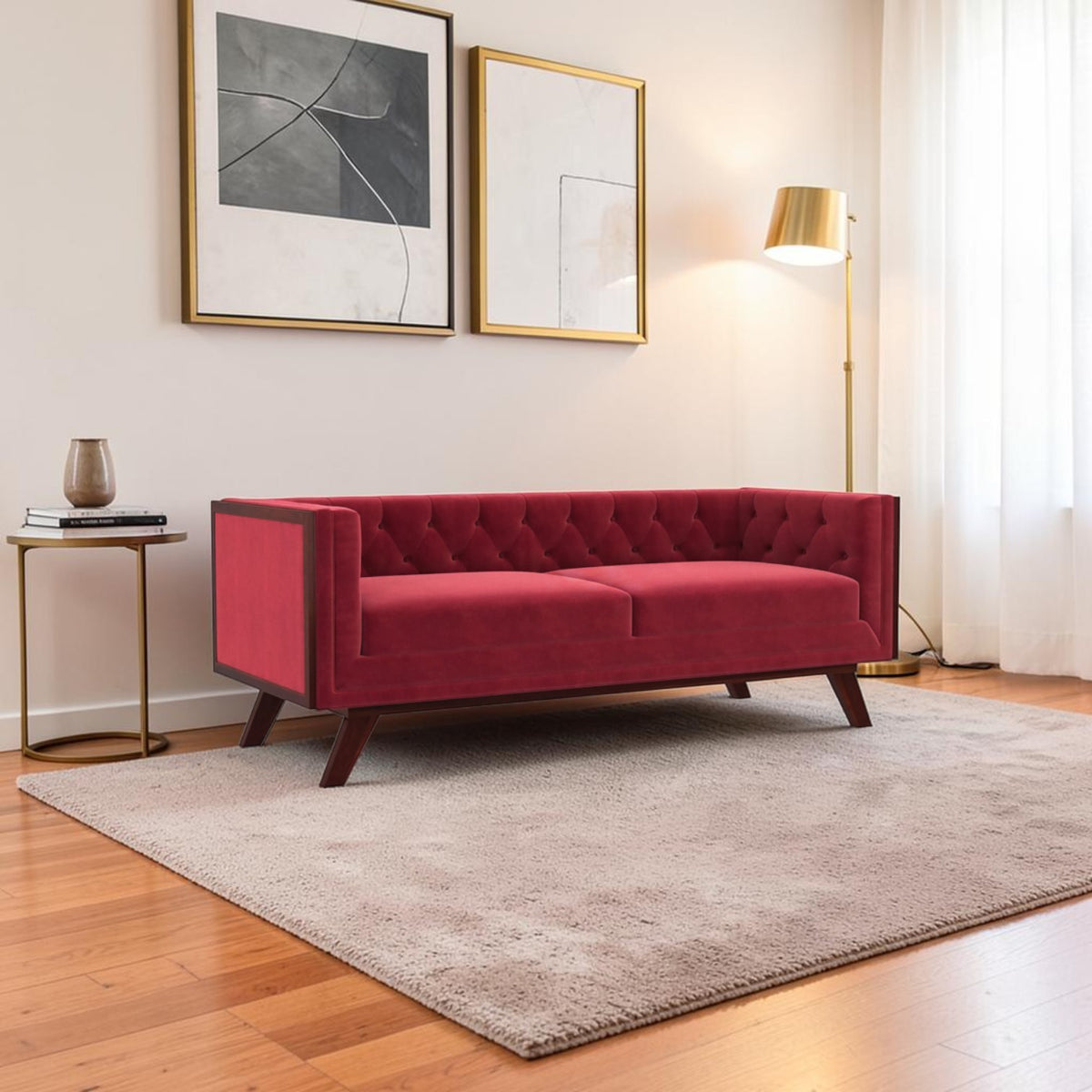 Homecrest Sturton velvet Chesterfield sofa in pomegranate red with tufted backrest and dark wooden frame