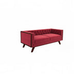 Homecrest Sturton velvet Chesterfield sofa in pomegranate red with button tufting and dark wooden legs
