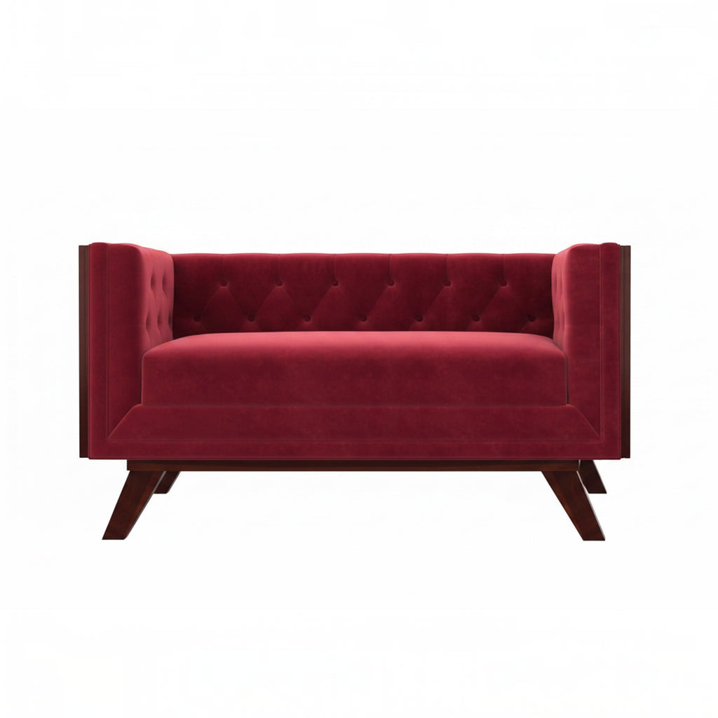 Homecrest Sturton velvet Chesterfield sofa in pomegranate red with button tufting and dark wooden legs
