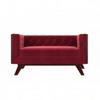 Homecrest Sturton velvet Chesterfield sofa in pomegranate red with button tufting and dark wooden legs