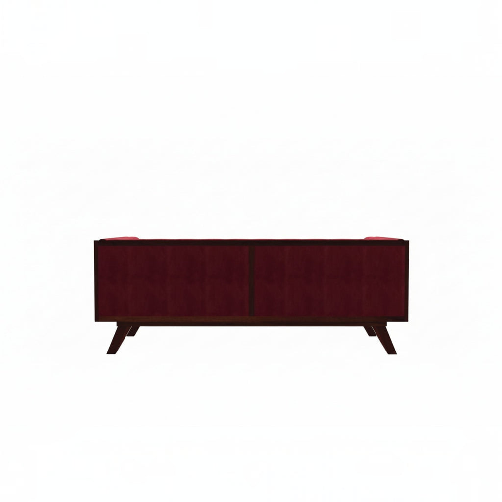 Homecrest Sturton Chesterfield sofa in pomegranate velvet with a rectangular frame and dark wooden legs, back view.