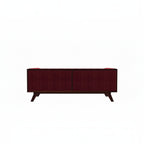 Homecrest Sturton Chesterfield sofa in pomegranate velvet with a rectangular frame and dark wooden legs, back view.