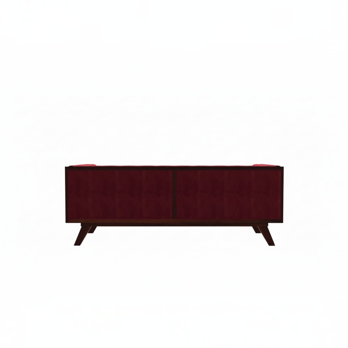 Homecrest Sturton Chesterfield sofa in pomegranate velvet with a rectangular frame and dark wooden legs, back view.