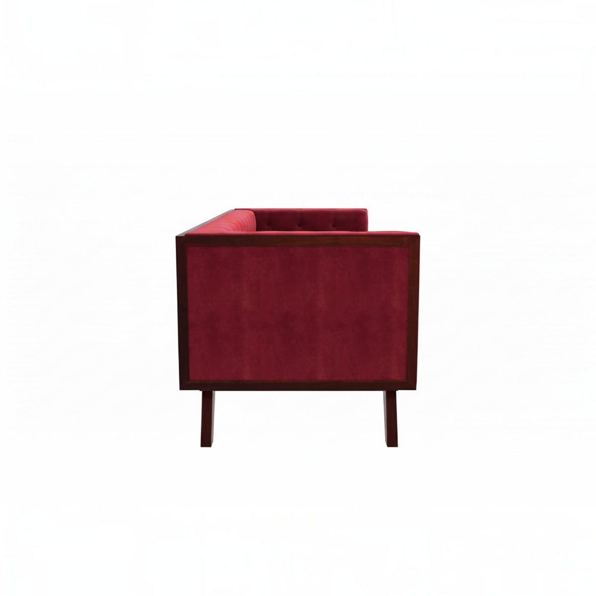 Homecrest Sturton Chesterfield sofa in pomegranate red velvet with a rectangular frame and dark wooden legs, side view.