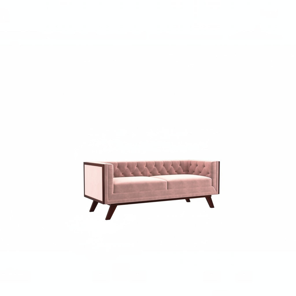 Homecrest Sturton Chesterfield sofa in rose dust velvet with button tufting and dark wooden legs