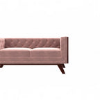 Homecrest Sturton velvet Chesterfield sofa in rose dust with button tufting and dark wooden legs