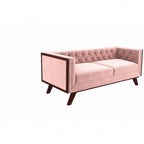 Homecrest Sturton rose dust velvet Chesterfield sofa with tufted backrest and dark wooden frame