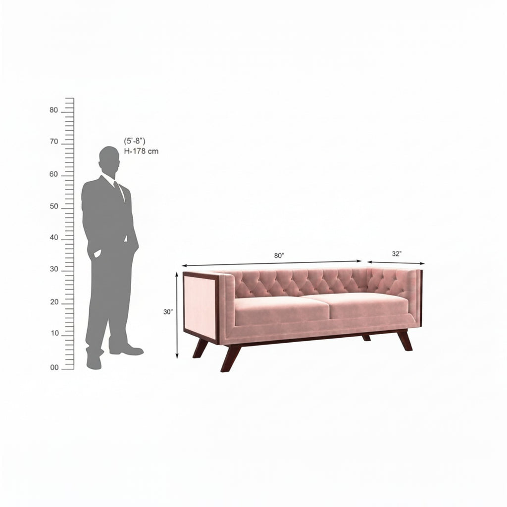 Homecrest Sturton velvet Chesterfield sofa in rose dust with button tufting and dark wooden legs, dimension diagram.
