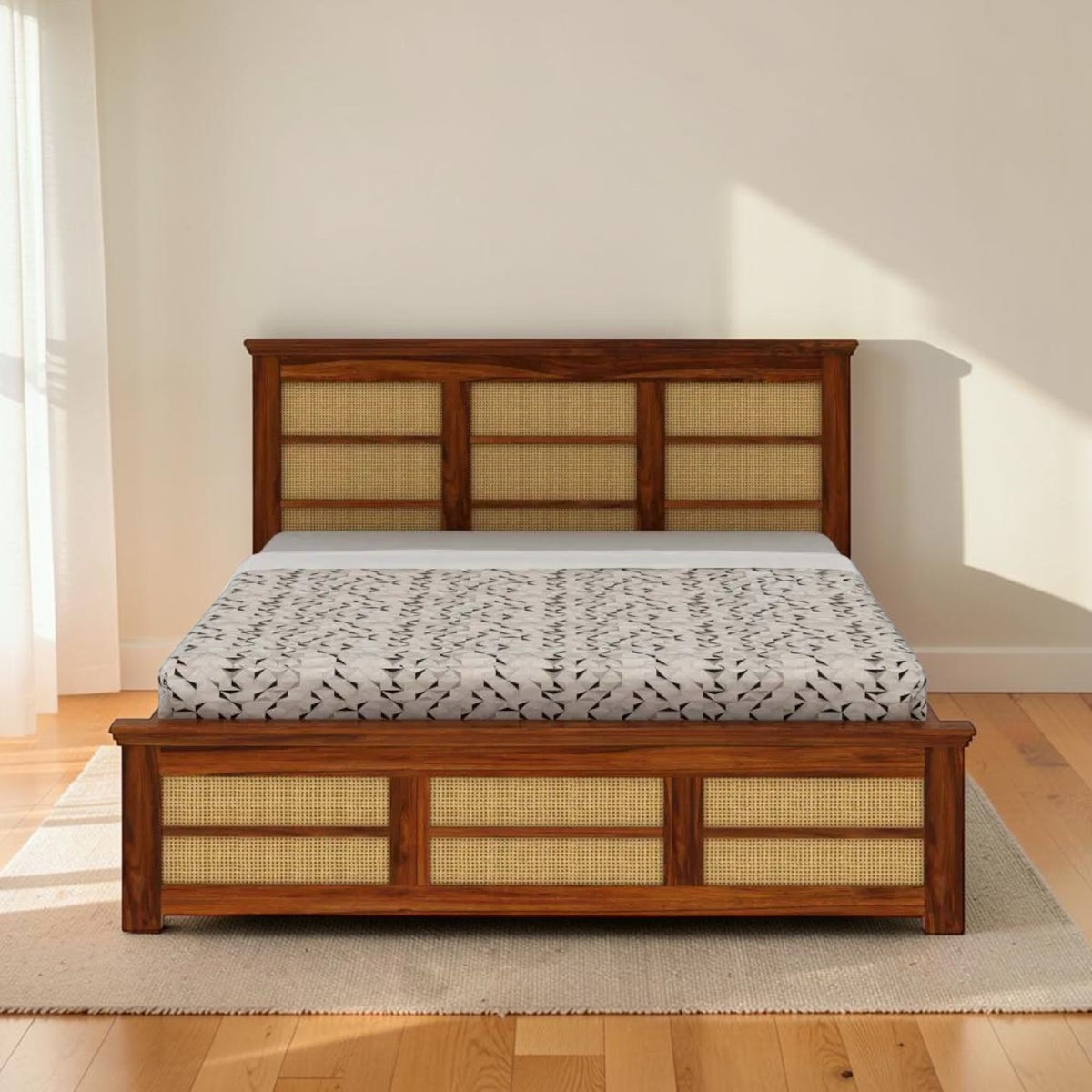 Homecrest Studley solid sheesham wood bed with natural cane detailing and convenient under-bed box storage.