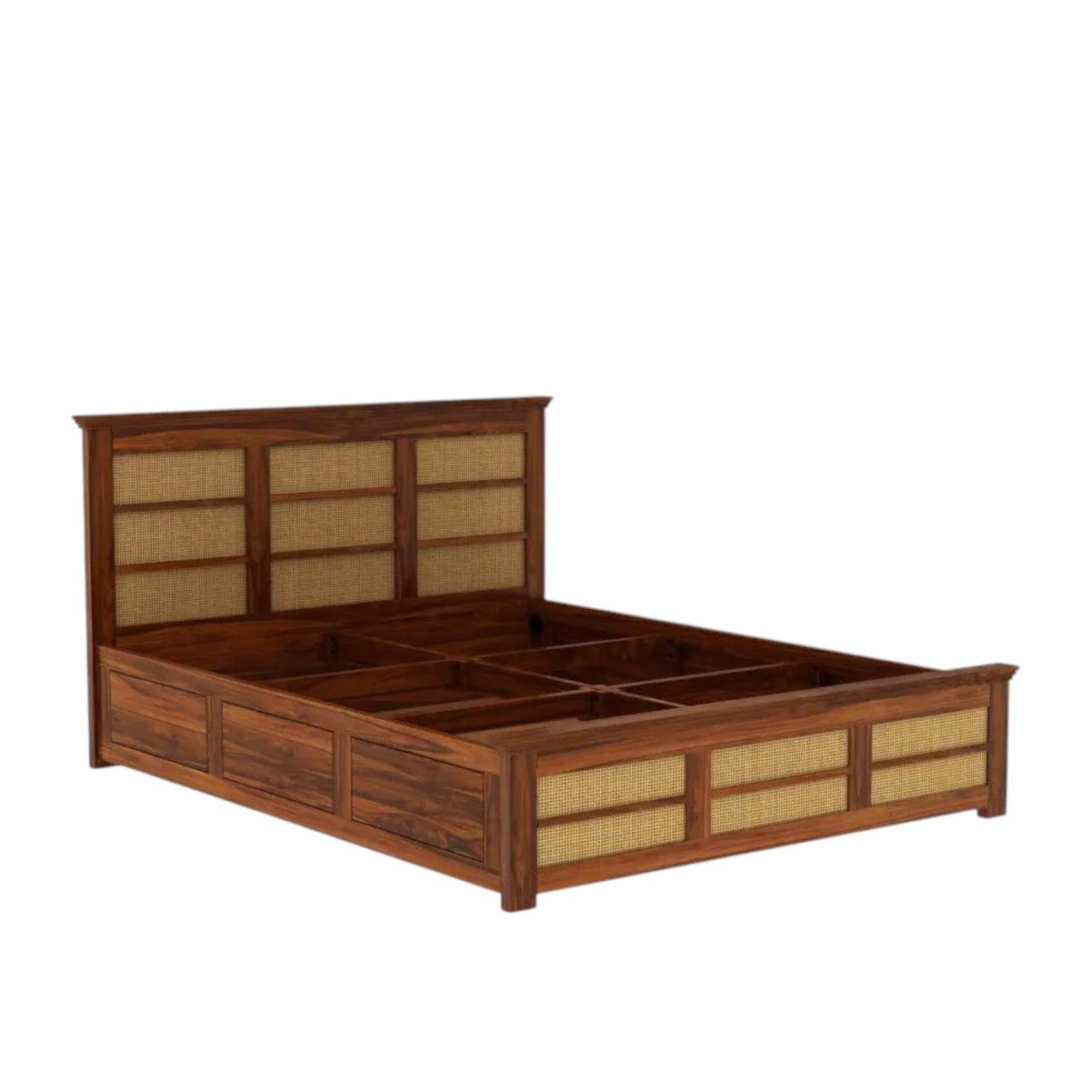 Homecrest Studley solid Sheesham wood bed frame with natural cane detailing and integrated box storage compartments.