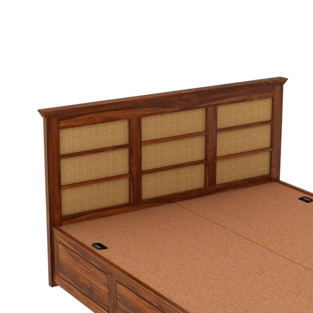 Homecrest Studley solid Sheesham wood king bed with cane headboard detailing and integrated box storage base