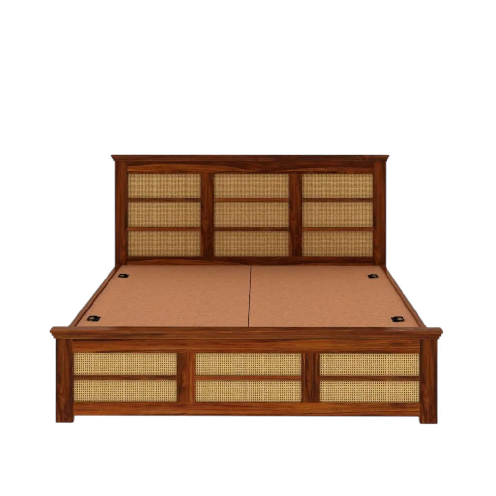 Homecrest Studley solid sheesham wood bed with natural cane headboard and footboard panels and integrated box storage.