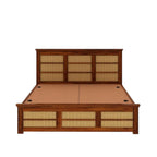 Homecrest Studley solid sheesham wood bed with natural cane headboard and footboard panels and integrated box storage.