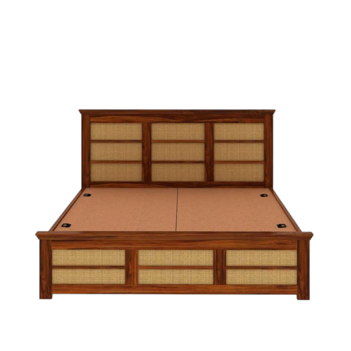 Homecrest Studley solid sheesham wood bed with natural cane headboard and footboard panels and integrated box storage.