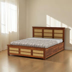 Homecrest Studley solid Sheesham wood king bed with natural cane detailing and integrated box storage in a bedroom.